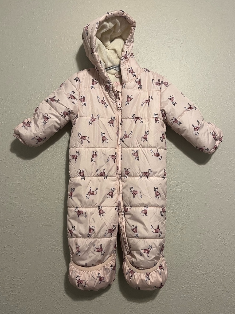 Joe Fresh Baby Girl Snowsuit 6-12 Months Pink French Bulldog Print Fleece Lined